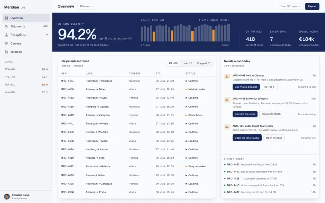 Meridian: the freight ops console built with the ui-craft skill loaded.