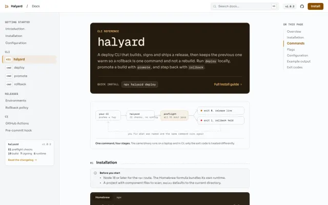 Halyard: the deploy cli reference built with the ui-craft skill loaded.