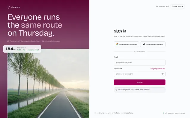 Cadence: the running club sign in built with the ui-craft skill loaded.
